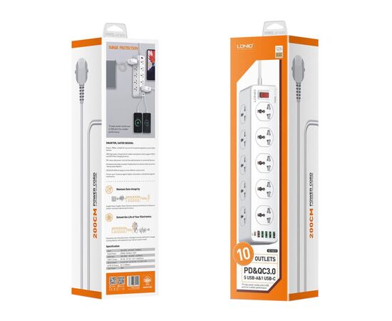 Сетевой фильтр питания LDNIO SC10610, 5роз + 3USB (SC10610), изображение 4 Сетевой фильтр питания LDNIO SC10610, 5роз + 3USB (SC10610), изображение 4