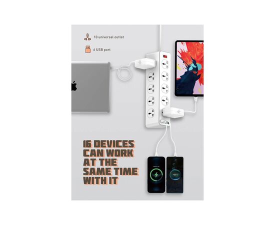 Сетевой фильтр питания LDNIO SC10610, 5роз + 3USB (SC10610), изображение 6 Сетевой фильтр питания LDNIO SC10610, 5роз + 3USB (SC10610), изображение 6