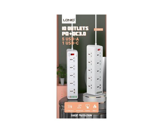 Сетевой фильтр питания LDNIO SC10610, 5роз + 3USB (SC10610), изображение 7 Сетевой фильтр питания LDNIO SC10610, 5роз + 3USB (SC10610), изображение 7