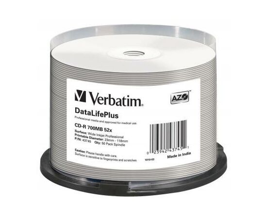 Диск CD Verbatim CD-R 700Mb 52x Cake box Printable (43745)