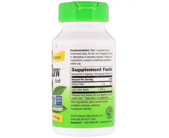 Травы Nature's Way Кошачий коготь, Cat's Claw Bark, 485 мг, 100 капсул (NWY-11450), изображение 2 Травы Nature's Way Кошачий коготь, Cat's Claw Bark, 485 мг, 100 капсул (NWY-11450), изображение 2