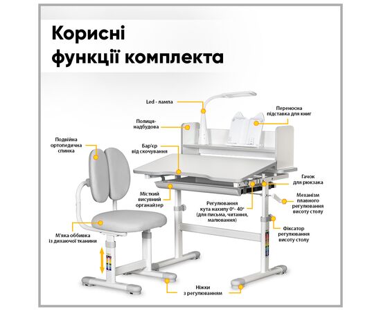 Парта со стулом ErgoKids Grey (+полка+лампа) (BD-24 G), изображение 4 Парта со стулом ErgoKids Grey (+полка+лампа) (BD-24 G), изображение 4