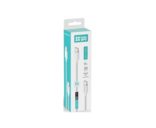 Дата кабель USB-C to USB-C 2.0m 3A 65W white ColorWay (CW-CBPDCC056-WT), изображение 6 Дата кабель USB-C to USB-C 2.0m 3A 65W white ColorWay (CW-CBPDCC056-WT), изображение 6