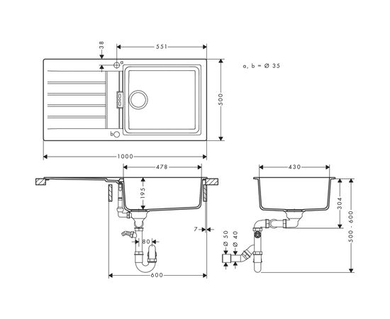 Мойка кухонная Hansgrohe S520-F480 (43358170), изображение 2 Мойка кухонная Hansgrohe S520-F480 (43358170), изображение 2