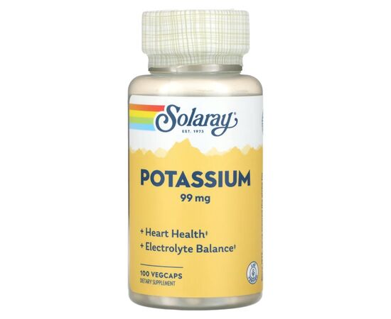 Минералы Solaray Калий, 99 мг, Potassium, 100 вегетарианских капсул (SOR-04670)