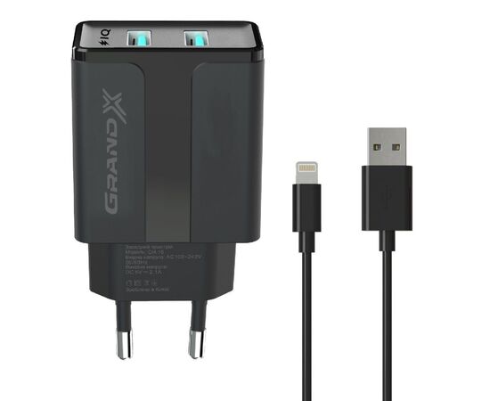 Зарядний пристрій Grand-X 5V 2,1A Black + cable USB-Lightning (CH15LTB)