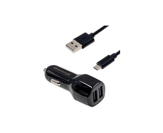 Зарядное устройство Grand-X 2,1A, 12-24V, Black 2USB 5V/2.1A + DC cable USB/Micro USB,1m (CH-26BM)