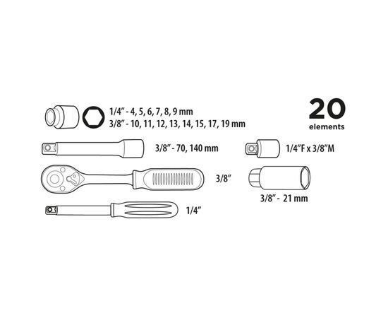 Набор инструментов Top Tools сменных головок 1/4", 3/8" 20 ед. (38D520), изображение 2 Набор инструментов Top Tools сменных головок 1/4", 3/8" 20 ед. (38D520), изображение 2