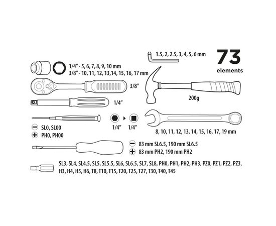Набор инструментов Top Tools 1/4", 3/8", 73 ед. (38D500), изображение 2 Набор инструментов Top Tools 1/4", 3/8", 73 ед. (38D500), изображение 2