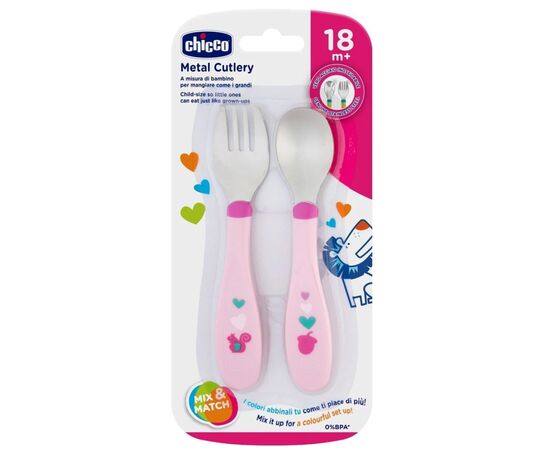 Набор детской посуды Chicco ложка и вилка из нерж. стали розовые (16102.10.00), изображение 2 Набор детской посуды Chicco ложка и вилка из нерж. стали розовые (16102.10.00), изображение 2