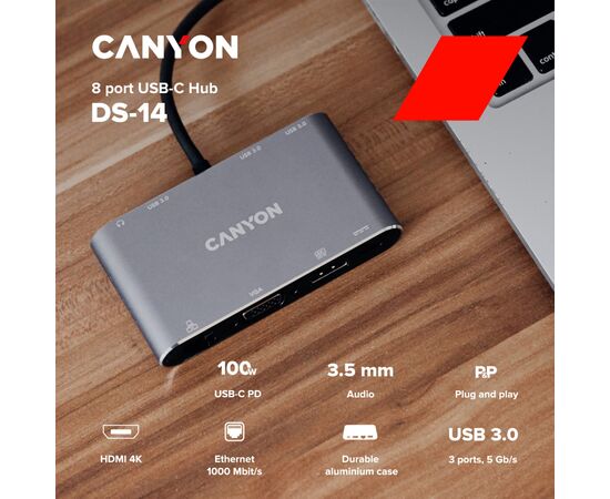 Концентратор Canyon 8-in-1 USB-C (CNS-TDS14), изображение 2 Концентратор Canyon 8-in-1 USB-C (CNS-TDS14), изображение 2
