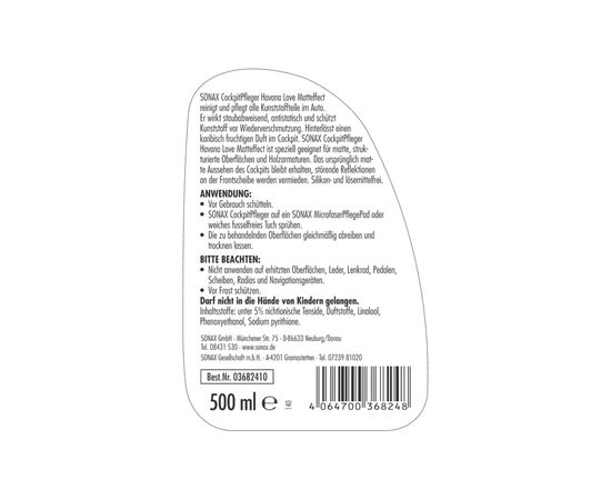 Автополіроль Sonax Cockpit Pfleger - Havanna Love 500мл (368241), зображення 2 Автополіроль Sonax Cockpit Pfleger - Havanna Love 500мл (368241), зображення 2