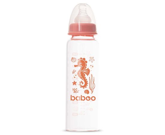 Бутылочка для кормления Baboo Стеклянная, антиколиковая, 240 мл, 3+ мес (Sea Life / оранжевая) (3-118)