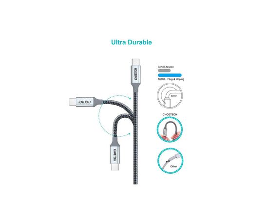 Дата кабель USB 2.0 Type-C to Type-C 1.8m 100W Choetech (XCC-1002-GY), изображение 2 Дата кабель USB 2.0 Type-C to Type-C 1.8m 100W Choetech (XCC-1002-GY), изображение 2