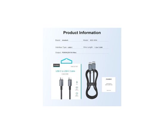 Дата кабель USB 2.0 Type-C to Type-C 1.8m 60W Choetech (XCC-1014-BK), изображение 7 Дата кабель USB 2.0 Type-C to Type-C 1.8m 60W Choetech (XCC-1014-BK), изображение 7