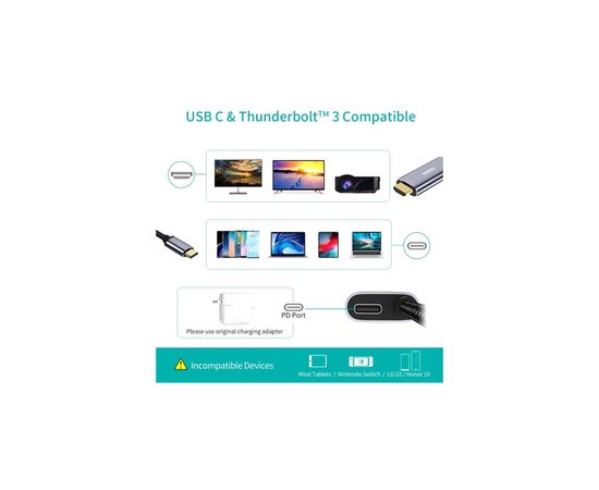 Дата кабель USB-C to HDMI 1.8m 4K60Hz Choetech (XCH-M180GY), изображение 4 Дата кабель USB-C to HDMI 1.8m 4K60Hz Choetech (XCH-M180GY), изображение 4