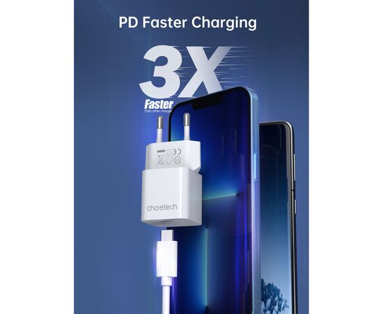 Зарядное устройство Choetech GaN USB-C 20W QC3.0/PD/PPS (PD5010-EU-WH), изображение 5 Зарядное устройство Choetech GaN USB-C 20W QC3.0/PD/PPS (PD5010-EU-WH), изображение 5