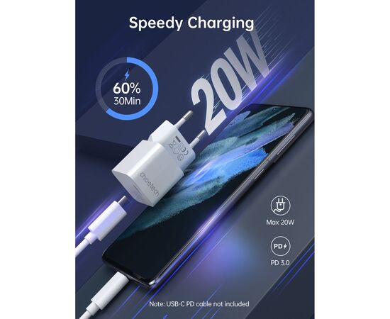 Зарядное устройство Choetech GaN USB-C 20W QC3.0/PD/PPS (PD5010-EU-WH), изображение 6 Зарядное устройство Choetech GaN USB-C 20W QC3.0/PD/PPS (PD5010-EU-WH), изображение 6