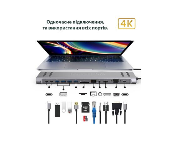 Порт-репликатор XoKo 14-in-1 Dock USB-C (HDMI/VGA/USB3.0/.../USB-C PD/RJ45/..) (XK-AC1400-SL), изображение 7 Порт-репликатор XoKo 14-in-1 Dock USB-C (HDMI/VGA/USB3.0/.../USB-C PD/RJ45/..) (XK-AC1400-SL), изображение 7
