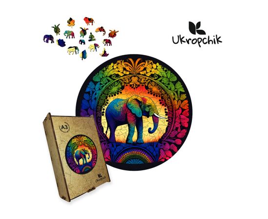 Пазл Ukropchik деревянный Слон Мандала А3 в коробке с набором-рамкой (Elephant Mandala A3)