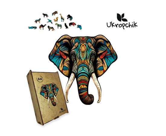 Пазл Ukropchik деревянный тропический слон А4 в коробке с набором-рамкой (Tropical Elephant A4)