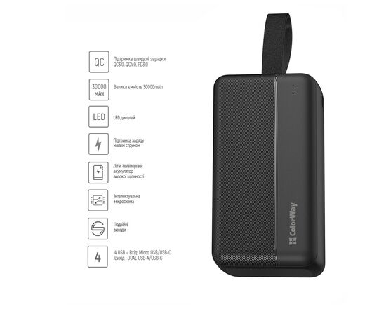 Батарея универсальная ColorWay 30 000 mAh High-power 2 PD/20W, QC/3.0, USB-C/Micro-USB (CW-PB300LPC2BK-PD), изображение 3 Батарея универсальная ColorWay 30 000 mAh High-power 2 PD/20W, QC/3.0, USB-C/Micro-USB (CW-PB300LPC2BK-PD), изображение 3