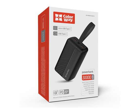 Батарея универсальная ColorWay 30 000 mAh High-power 2 PD/20W, QC/3.0, USB-C/Micro-USB (CW-PB300LPC2BK-PD), изображение 9 Батарея универсальная ColorWay 30 000 mAh High-power 2 PD/20W, QC/3.0, USB-C/Micro-USB (CW-PB300LPC2BK-PD), изображение 9