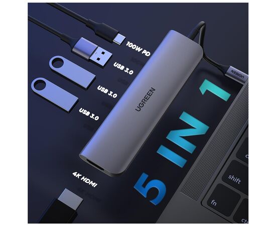 Концентратор Type-C M to HDMI+3xUSB+PD Power Converter CM136 (Gray) Ugreen (50209), изображение 2 Концентратор Type-C M to HDMI+3xUSB+PD Power Converter CM136 (Gray) Ugreen (50209), изображение 2