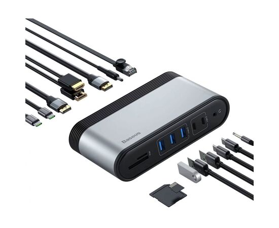 Концентратор Baseus USB3.2 Type-C to 2xHDMI/2xDP/2xUSB-C/3xUSB/RJ45/SD/TRRS 3.5mm/PD 100W + PA 16 in 1 (CAHUB-HG0G), зображення 5 Концентратор Baseus USB3.2 Type-C to 2xHDMI/2xDP/2xUSB-C/3xUSB/RJ45/SD/TRRS 3.5mm/PD 100W + PA 16 in 1 (CAHUB-HG0G), зображення 5