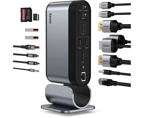 Концентратор Baseus USB3.2 Type-C to 2xHDMI/2xDP/2xUSB-C/3xUSB/RJ45/SD/TRRS 3.5mm/PD 100W + PA 16 in 1 (CAHUB-HG0G), зображення 6 Концентратор Baseus USB3.2 Type-C to 2xHDMI/2xDP/2xUSB-C/3xUSB/RJ45/SD/TRRS 3.5mm/PD 100W + PA 16 in 1 (CAHUB-HG0G), зображення 6