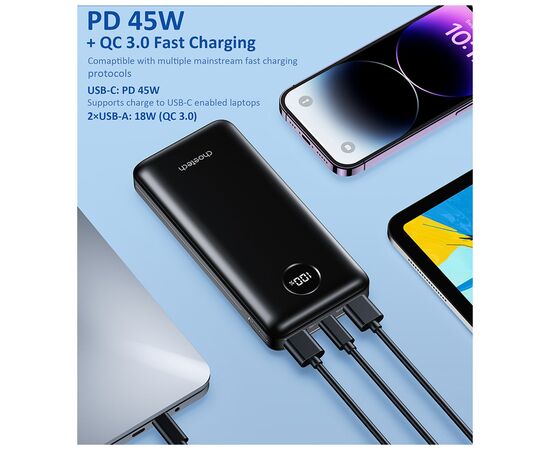 Батарея универсальная Choetech 20000mAh, PD/3.0/45W, QC/3.0/18W, USB-C, 2*USB-A (B653-CCBK), изображение 4 Батарея универсальная Choetech 20000mAh, PD/3.0/45W, QC/3.0/18W, USB-C, 2*USB-A (B653-CCBK), изображение 4
