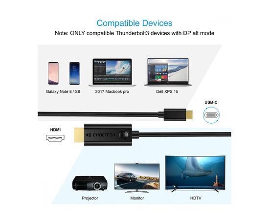 Кабель мультимедийный USB-C to HDMI 3.0m USB 3.1 Thunderbolt 3 Choetech (XCH-0030), изображение 5 Кабель мультимедийный USB-C to HDMI 3.0m USB 3.1 Thunderbolt 3 Choetech (XCH-0030), изображение 5