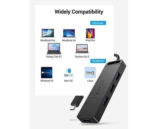 Концентратор Vention USB 3.1 Type-C to 4xUSB 3.0 active black (TGKBB), изображение 6 Концентратор Vention USB 3.1 Type-C to 4xUSB 3.0 active black (TGKBB), изображение 6