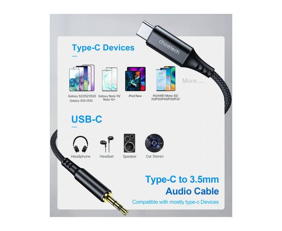 Кабель мультимедийный AUX USB-C to TRS Audio 3.5mm M/M DAC Chip 96kHz 1.0m black Choetech (AUX006), изображение 5 Кабель мультимедийный AUX USB-C to TRS Audio 3.5mm M/M DAC Chip 96kHz 1.0m black Choetech (AUX006), изображение 5