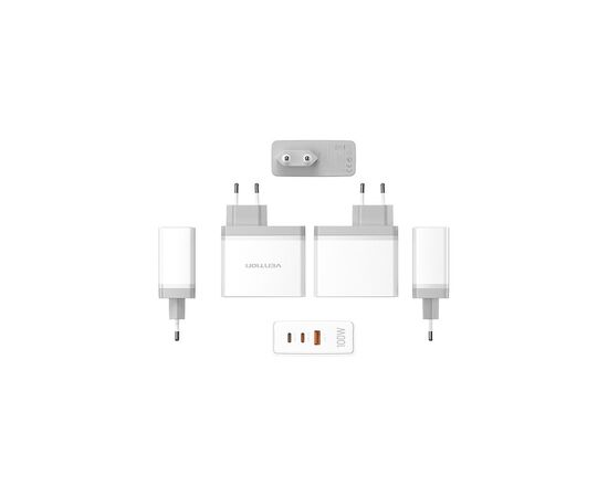 Зарядное устройство Vention 3xUSB 100W GaN (2хUSB-C+USB-A) white (FEGW0-EU), изображение 2 Зарядное устройство Vention 3xUSB 100W GaN (2хUSB-C+USB-A) white (FEGW0-EU), изображение 2