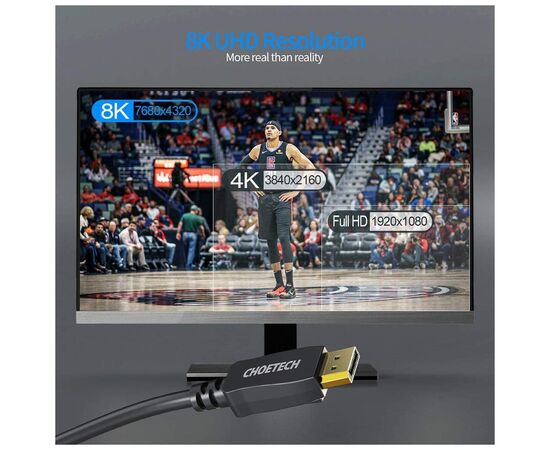 Кабель мультимедийный DisplayPort to DisplayPort 2.0m V1.4, 8K 60Hz PVC Choetech (XDD01), изображение 6 Кабель мультимедийный DisplayPort to DisplayPort 2.0m V1.4, 8K 60Hz PVC Choetech (XDD01), изображение 6