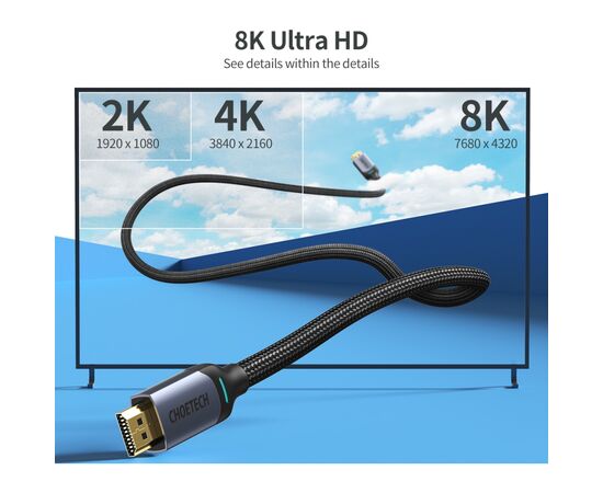 Кабель мультимедийный HDMI to HDMI 2.0m V2.1, 8K60Hz Choetech (XHH01), изображение 3 Кабель мультимедийный HDMI to HDMI 2.0m V2.1, 8K60Hz Choetech (XHH01), изображение 3