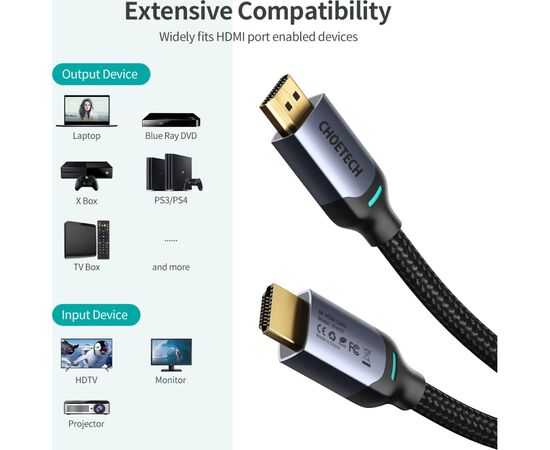 Кабель мультимедийный HDMI to HDMI 2.0m V2.1, 8K60Hz Choetech (XHH01), изображение 5 Кабель мультимедийный HDMI to HDMI 2.0m V2.1, 8K60Hz Choetech (XHH01), изображение 5