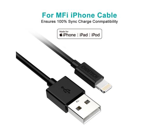 Дата кабель USB 2.0 AM to Lightning 1.2m 2.4A MFI Choetech (IP0026), изображение 2 Дата кабель USB 2.0 AM to Lightning 1.2m 2.4A MFI Choetech (IP0026), изображение 2