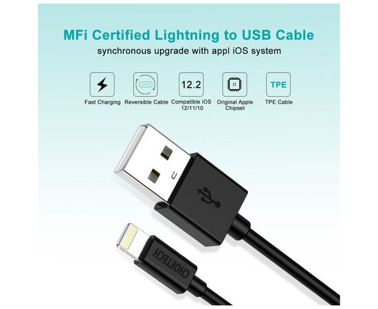 Дата кабель USB 2.0 AM to Lightning 1.2m 2.4A MFI Choetech (IP0026), изображение 4 Дата кабель USB 2.0 AM to Lightning 1.2m 2.4A MFI Choetech (IP0026), изображение 4