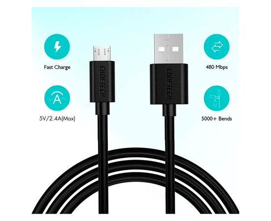 Дата кабель USB 2.0 AM to Micro 5P 1.2m 2.4A PVC Choetech (AB003), изображение 4 Дата кабель USB 2.0 AM to Micro 5P 1.2m 2.4A PVC Choetech (AB003), изображение 4