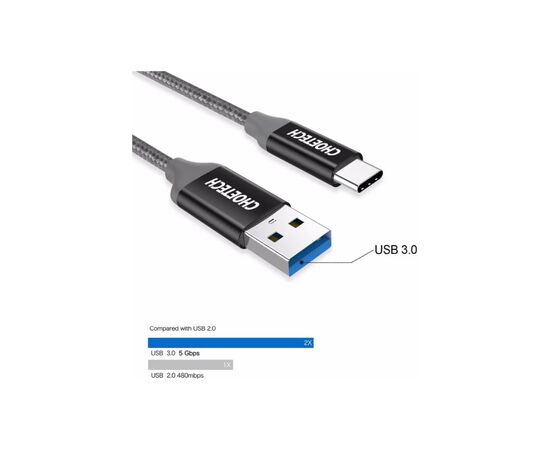 Дата кабель USB 3.0 AM to Type-C 1.0m 2.4A Choetech (AC0007), изображение 2 Дата кабель USB 3.0 AM to Type-C 1.0m 2.4A Choetech (AC0007), изображение 2