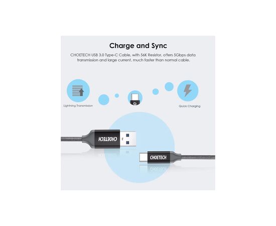 Дата кабель USB 3.0 AM to Type-C 1.0m 2.4A Choetech (AC0007), изображение 5 Дата кабель USB 3.0 AM to Type-C 1.0m 2.4A Choetech (AC0007), изображение 5