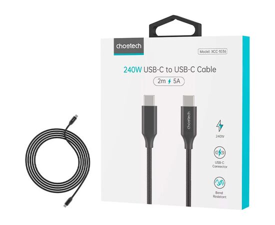 Дата кабель USB-C to USB-C 2.0m USB 3.1 Gen2 240W (50V/5A) Choetech (XCC-1036), изображение 4 Дата кабель USB-C to USB-C 2.0m USB 3.1 Gen2 240W (50V/5A) Choetech (XCC-1036), изображение 4