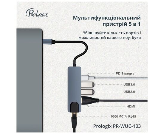 Концентратор ProLogix USB3.1 Type C to HDMI+2*USB3.0+USB C PD+Lan (PR-WUC-103B), изображение 4 Концентратор ProLogix USB3.1 Type C to HDMI+2*USB3.0+USB C PD+Lan (PR-WUC-103B), изображение 4