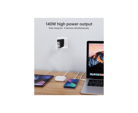 Блок питания к ноутбуку Choetech 140W GaN PD, QC/3.0, PPS, 2*Type-C, 2*USB-A (PD6005-EU-B), изображение 3 Блок питания к ноутбуку Choetech 140W GaN PD, QC/3.0, PPS, 2*Type-C, 2*USB-A (PD6005-EU-B), изображение 3