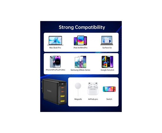 Блок питания к ноутбуку Choetech 140W GaN PD, QC/3.0, PPS, 2*Type-C, 2*USB-A (PD6005-EU-B), изображение 7 Блок питания к ноутбуку Choetech 140W GaN PD, QC/3.0, PPS, 2*Type-C, 2*USB-A (PD6005-EU-B), изображение 7