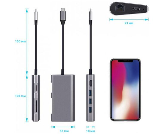 Концентратор Dynamode USB3.1 Type-C to HDMI, 3хUSB3.0, RJ45, USB Type-C Female, SD (Dock-USB-TypeC-HDMI-USB3.0-RJ45), зображення 5