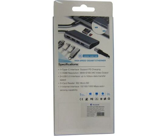 Концентратор Dynamode USB3.1 Type-C to HDMI, 3хUSB3.0, RJ45, USB Type-C Female, SD (Dock-USB-TypeC-HDMI-USB3.0-RJ45), зображення 8