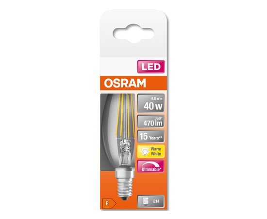 Лампочка Osram LED CL B40 DIM 4,8W/827 230V FIL E14 (4058075437043), изображение 2 Лампочка Osram LED CL B40 DIM 4,8W/827 230V FIL E14 (4058075437043), изображение 2